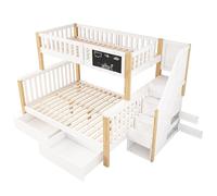 Letto a castello con contenitore integrato, struttura in legno stabile, lavagna per uso creativo, ringhiera per un sonno sicuro, scale con scomparti, moderno miracolo dello spazio (bianco+rovere