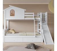 Letto a castello con finestre caratteristiche e scala inclinabile a quattro livelli, letto per bambini e mamma con scivolo, con due cassetti, struttura del letto in legno massiccio, bianco, 90x200