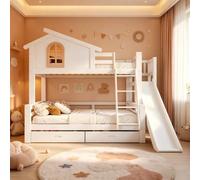 Letto a castello con finestre e scala a quattro livelli, per bambini e madre con scivolo, telaio in legno massello, bianco, 90 x 200 cm e 120 x 200 cm (letto a castello + 2 cassetti)