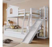 Letto a castello con finestre e scale ribaltabili a quattro livelli, per bambini e letto madre con scivolo, con due cassetti, telaio in legno massiccio, bianco, 90 x 200 e 120 x 200 cm (senza