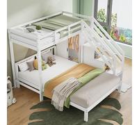 Letto a castello con guardaroba, 90 x 200 cm + 140 x 200 cm, multifunzionale per bambini, con scaletta, grande spazio di archiviazione, senza materasso, legno massiccio e MDF, bianco