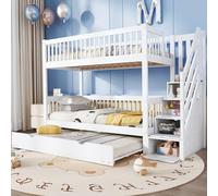 Letto a castello con letto a rotelle, culla con cabinet e corrimano, con griglia anticaduta su tutti i lati, pino+MDF, bianco, 90 x 200/190 cm