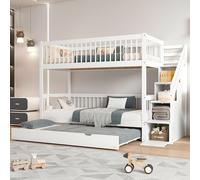 Letto a castello con letto a rotelle, culla con cabinet e corrimano, con griglia anticaduta su tutti i lati, pino+MDF, bianco, 90 x 200/190 cm
