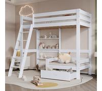 Letto a Castello con Mensole e Divano, Lettino in Legno con Singolo Cassetto, Lettino con Scala Inclinata a 5 livelli, Telaio Letto in Legno Massello Bianco 90x200 cm
