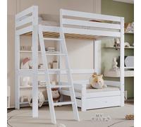Letto a Castello con Mensole e Divano, Lettino in Legno con Singolo Cassetto, Lettino con Scala Inclinata a 5 livelli, Telaio Letto in Legno Massello Bianco 90x200 cm