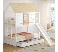 Letto a castello con scivolo, 2 cassetti e tetto, per bambini, letto a soppalco in legno di pino e MDF, letto da gioco con finestra, portaoggetti e scala, bianco e naturale, stabile ringhiera di
