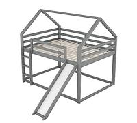 Letto a castello con scivolo e scala, letto a soppalco in stile scandinavo con telaio del tetto, telaio in legno massiccio, ringhiera sicura, doghe stabili, letto da gioco e posto letto (grigio, 140 x