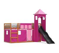 Letto a castello con scivolo e tende, colore rosa, 90 x 200 cm, per cameretta dei bambini, struttura in legno stabile con scala di sicurezza, salvaspazio e giocoso