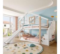 Letto a castello con scivolo, scala e spazio di archiviazione, design scandinavo, struttura in legno massello, stabile e sicuro, con ringhiera, salvaspazio, ideale per fratelli, certificato EN 747-1