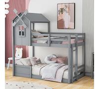 Letto a castello doppio, a forma di casetta, con tetto e finestra, guardrail e scala, in legno di pino selezionato simile a una favola, senza bisogno di molle box, 197,6 x 111,5 x 205,7 cm (lunghezza