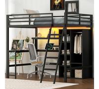 Letto a castello Flieks 140x200cm con scrivania e scaffale, letto per bambini letto per ragazzi letto in metallo con led e funzione di ricarica, letto matrimoniale con armadio