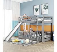 Letto a castello gemellare, con scivolo e scala, design funzionale in legno, con guardrail a tutta lunghezza, non richiede molle box, 196,3 x 221,2 x 137,4 cm (lunghezza x larghezza x altezza), grigio
