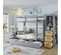 Letto a castello grigio in legno 90x200 cm, con 2 cassetti sotto il letto | ripiano laterale, cassetti, scaletta e comodino posizionabile a piacere