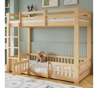 Letto a castello, in legno di pino + LVL, con scala ad angolo retto, con ringhiera e porta, con protezione anticaduta, spazio libero sotto il letto, 90 x 200 cm (naturale)