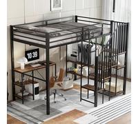 Letto a castello in metallo, 120 x 200 cm, con scrivania e scaffalatura, letto a castello in ferro con armadio aperto con zona pieghevole e sospesa, scala angolare con 4 gradini, ferro+MDF, nero+