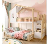 Letto a Castello in Pino, Design Casetta, Naturale e Bianco, 90x200+140x200