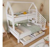 Letto a castello, lettino per bambini, due cassetti su rotelle, bel design del tetto, con ringhiera di sicurezza e armadio sotto le scale, pino + MDF + compensato, bianco, 90x200 cm e 140x200 cm