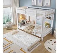 Letto a castello, letto allungabile con ruote, con una serie di ripiani lunghi 2 metri, doghe e scala, in pino + compensato MDF+, bianco, 90 x 200 cm