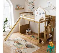 Letto a castello, letto con scala angolare, lettino con tetto e finestra, con 3 armadietti nelle scale, letto a castello con scivolo, bianco+naturale, 90 x 200 cm