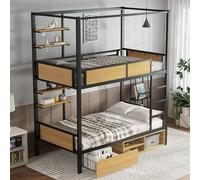 Letto a castello, letto in ferro, ferro + MDF, doppio ripiano sul lato letto, ringhiera e scale stabili, spazio sotto il letto, tenda da letto può essere montata sul letto superiore, nero e naturale