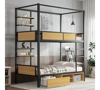 Letto a castello, letto in ferro, ferro + MDF, doppio ripiano sul lato letto, ringhiera e scale stabili, spazio sotto il letto, tenda da letto può essere montata sul letto superiore, nero e naturale