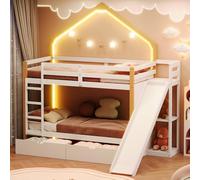 Letto a castello, letto in legno, letto per casa, con strisce luminose, due cassetti, quattro gradini dritti, cassetto sotto il letto con guide di scorrimento, culla con tetto e finestra, pino+MDF