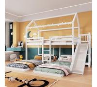 Letto a castello, letto per bambini, letto a castello con scivolo, scaffale aperto, con scala a tre livelli, progettato con tre posizioni, telaio in pino, culla con tetto, pino+MDF, bianco, 90 x 200