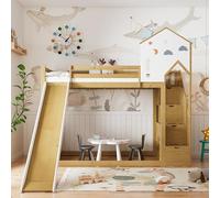 Letto a castello, letto per bambini, letto con scala angolare, culla con tetto e finestra, culla con 3 armadietti nelle scale, letto a castello con scivolo, pino+MDF, bianco+naturale, 90 x 200 cm