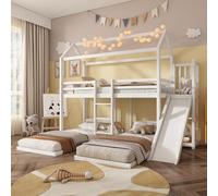 Letto a castello, letto per bambini, struttura stabile, con scivolo | Design unico del tetto, design con tre posti letto, spazio nel letto superiore, pino + MDF, bianco, 90 x 200 cm