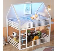 Letto a castello per bambini, 140 x 200 cm, design a forma di casa con tetto a baldacchino, ringhiera di protezione, 7 colori, luce LED, spazio inferiore, facile da montare (bianco)