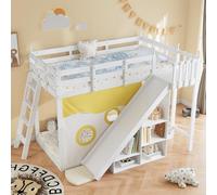 Letto a castello per bambini 2 posti 90 x 200 cm, letto a soppalco 2 posti 90 x 200 in legno con scale e barriere, letto per bambini con barriere, scivolo e mensola, cornice in pino, bianco