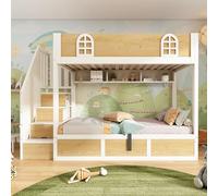 Letto a castello per bambini, 90 x 200 cm, con armadio per scale e ripostiglio, letto a castello doppio bianco e naturale, con ringhiere di sicurezza e rete a doghe, letto salvaspazio per due bambini