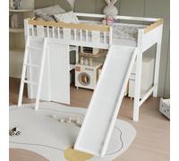 Letto a castello per bambini, 90 x 200 cm, letto a soppalco 1 posto per bambini, letto a castello, letto per bambini con barriera, mezzanino scala, con armadio e mobile portaoggetti sotto il letto