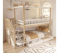 Letto a castello per bambini, 90 x 200 cm, letto matrimoniale in legno massello a forma di casa, design a griglia di sicurezza, con ripiani e scala di sicurezza, colore bianco e originale, per ragazzi