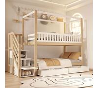 Letto a castello per bambini, 90 x 200 cm, letto matrimoniale in legno massiccio, a forma di casa, con ripiani e scale di sicurezza, design in legno bianco e originale, per ragazzi e ragazze