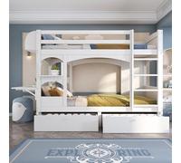 Letto a castello per bambini, 90 x 200, letto matrimoniale, multifunzionale con scrivania pieghevole e mensola, scala, 2 cassetti, senza materasso, rete a doghe in legno massello, bianco