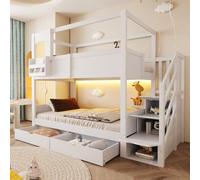 Letto a Castello per Bambini 90x200cm con Mensola Regolabile e Lavagna Creativa, Scala Contenitore e Cassetti, Struttura letto in Cabina, Letto Matrimoniale per Ragazzi e Ragazze, Nessun materasso