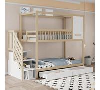 Letto a castello per bambini "casa" con finestre, in legno massiccio, recinzione di sicurezza e cassetti, per cameretta dei bambini, salvaspazio, 90 x 200 cm (legno naturale + legno + 90 cm x 200 cm-1