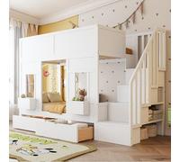 Letto a castello per bambini con scala e cassetti, 90 x 200 cm, grande letto a soppalco con finestre e contenitori, struttura in legno con ringhiera di sicurezza, letto salvaspazio per ragazzi e