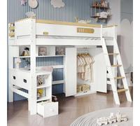 Letto a Castello per Bambini in Legno Massello+MDF+Plywood con Scala a 4 Gradini,Protezioni Laterali,Scrivania e Armadio Integrati,Mensole Aperte,Ampio Spazio Contenitore,Bianco + Naturale,90x200cm