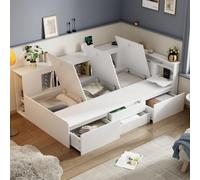 Letto a castello per bambini, letto matrimoniale, con pannello e cassetti, senza materasso, bianco+rovere chiaro, 90 x 200 + 140 x 200 cm (90 x 200)