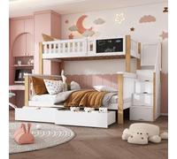 Letto a castello per bambini, letto matrimoniale, con pannello e cassetti, senza materasso, bianco+rovere chiaro, 90 x 200 + 140 x 200 cm (90 x 200 + 140 x 200 cm)