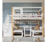 Letto a castello, tavolo multifunzione regolabile in altezza, bianco e | Lettino per bambini, con una piccola libreria sul bordo del letto, stabile scala portaoggetti, legno di pino + MDF +