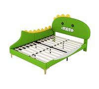 Letto a forma di dinosauro in PU e MDF con rete sicura a doghe, testiera fantasiosa, struttura stabile del telaio, superficie confortevole, facile da pulire, design moderno (verde, 140 x 200 cm)