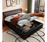 Letto a LED 140 x 190 cm, imbottito con rete a doghe e vano portaoggetti, testiera illuminata, colore nero, similpelle