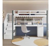 Letto a mezza altezza, 90 x 200 cm, con contenitore in tessuto, ampio spazio di archiviazione, con scala laterale, scaffale aperto, letto per ragazzi con scrivania e armadietti, pino+MDF, bianco+