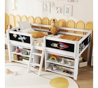 Letto a mezza altezza, 90 x 200 cm, ripiani multipli per la conservazione, ringhiera, scala, legno di pino, stile minimalista, senza materasso (bianco)