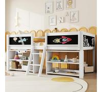 Letto a mezza altezza, 90 x 200 cm, ripiani multipli per la conservazione, ringhiera, scala, legno di pino, senza materasso, stile minimalista (bianco)