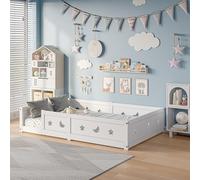 Letto a pavimento per bambini, 140 x 200 cm, letto per bambini 140 x 200 cm, in legno massello, letti Montessori al pavimento con protezione anti-urto e rete, design stelle luna, letti barriere per