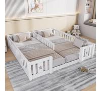 Letto a pavimento per bambini 90 x 200 cm, letto matrimoniale con barriera di sicurezza e rete a doghe per bambini in legno massiccio di pino per bambini e bambini, letto Montessori 2 persone (bianco